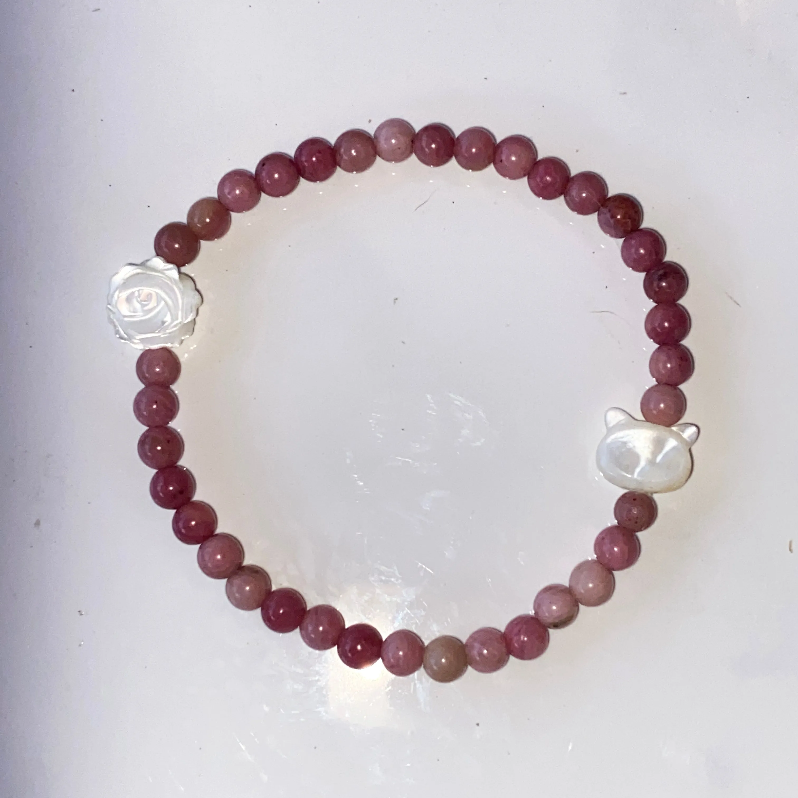 Natural Rhodonite Kitty Cat Stretch Bracelet