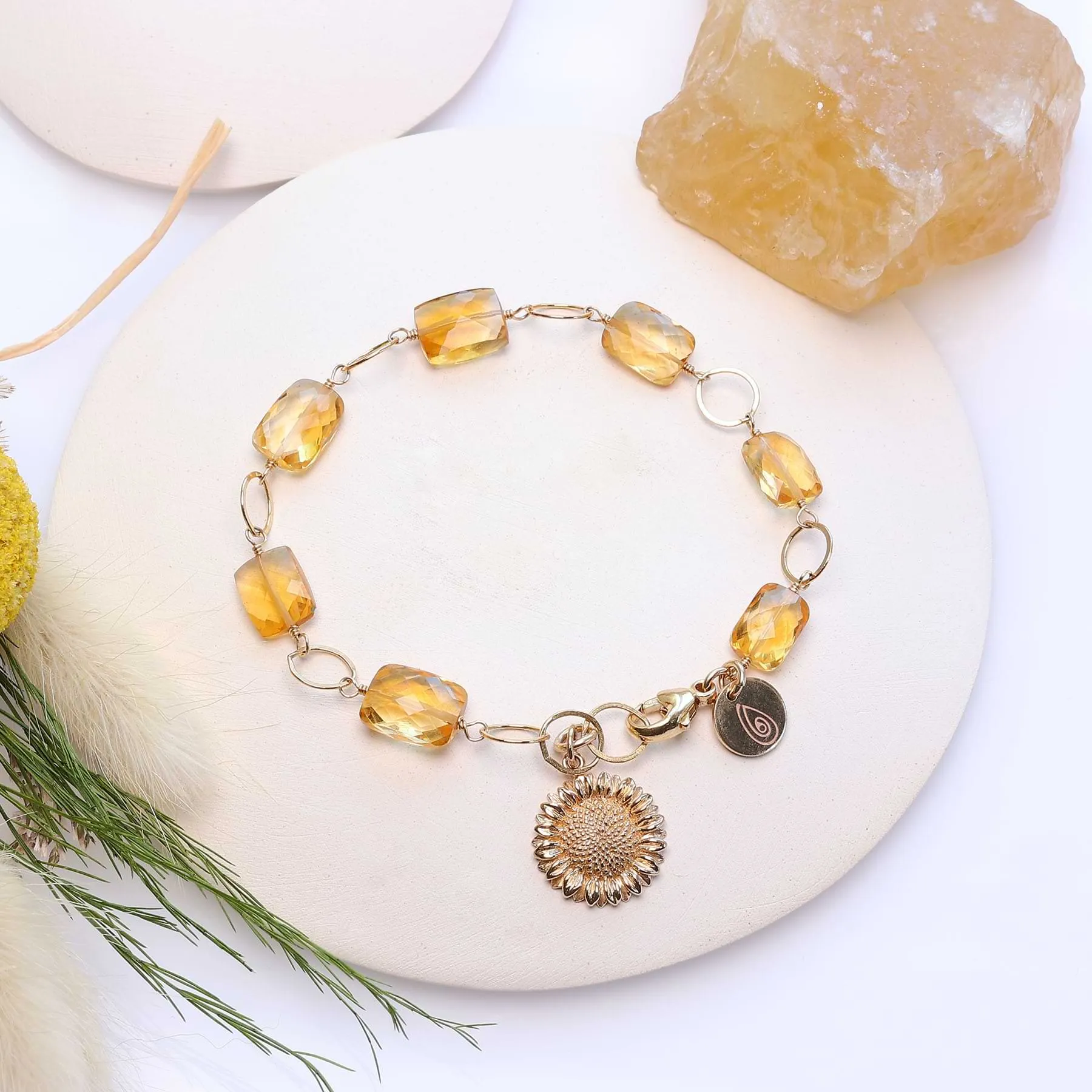 November Sun - Citrine and Sunflower Pendant Gold Bracelet