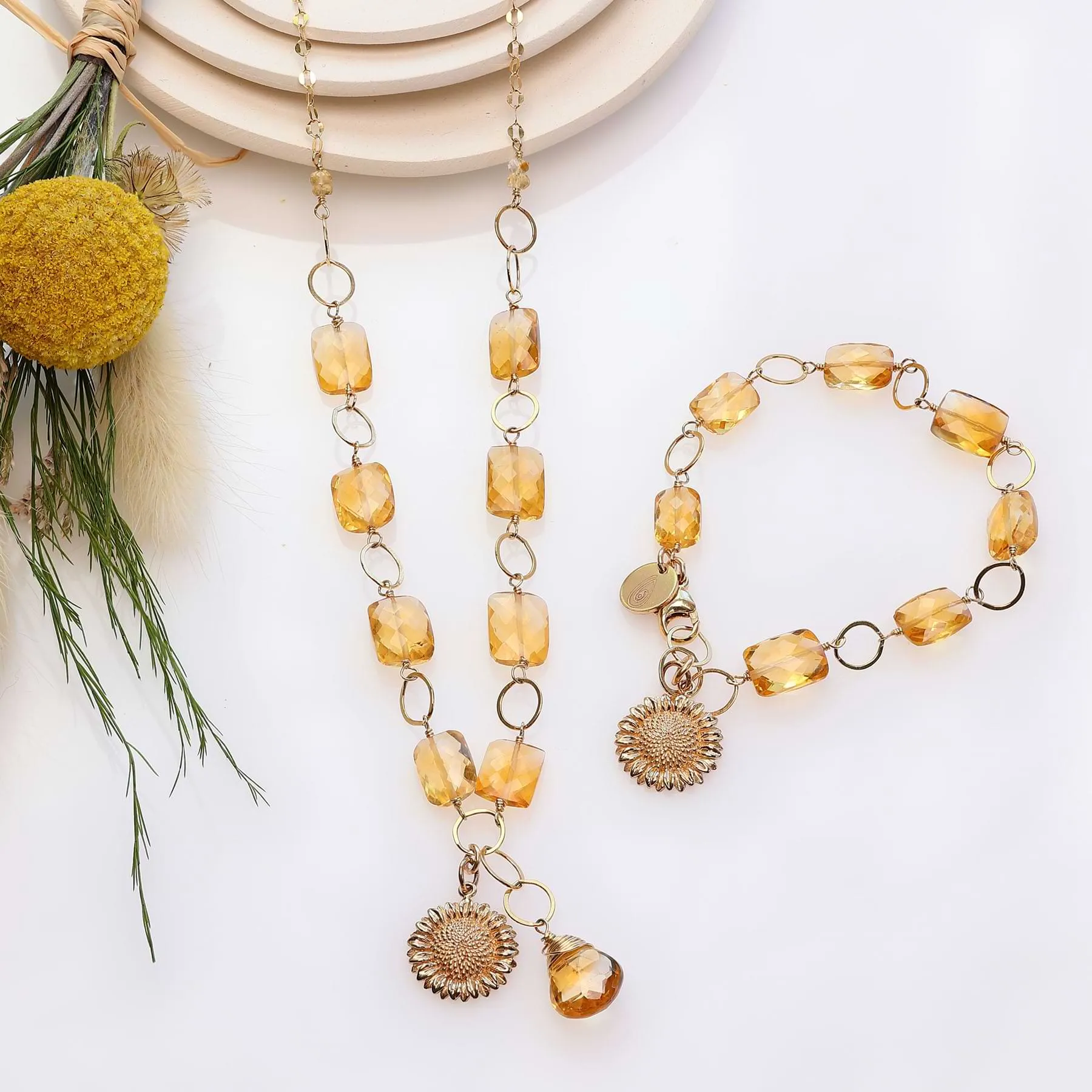 November Sun - Citrine and Sunflower Pendant Gold Bracelet