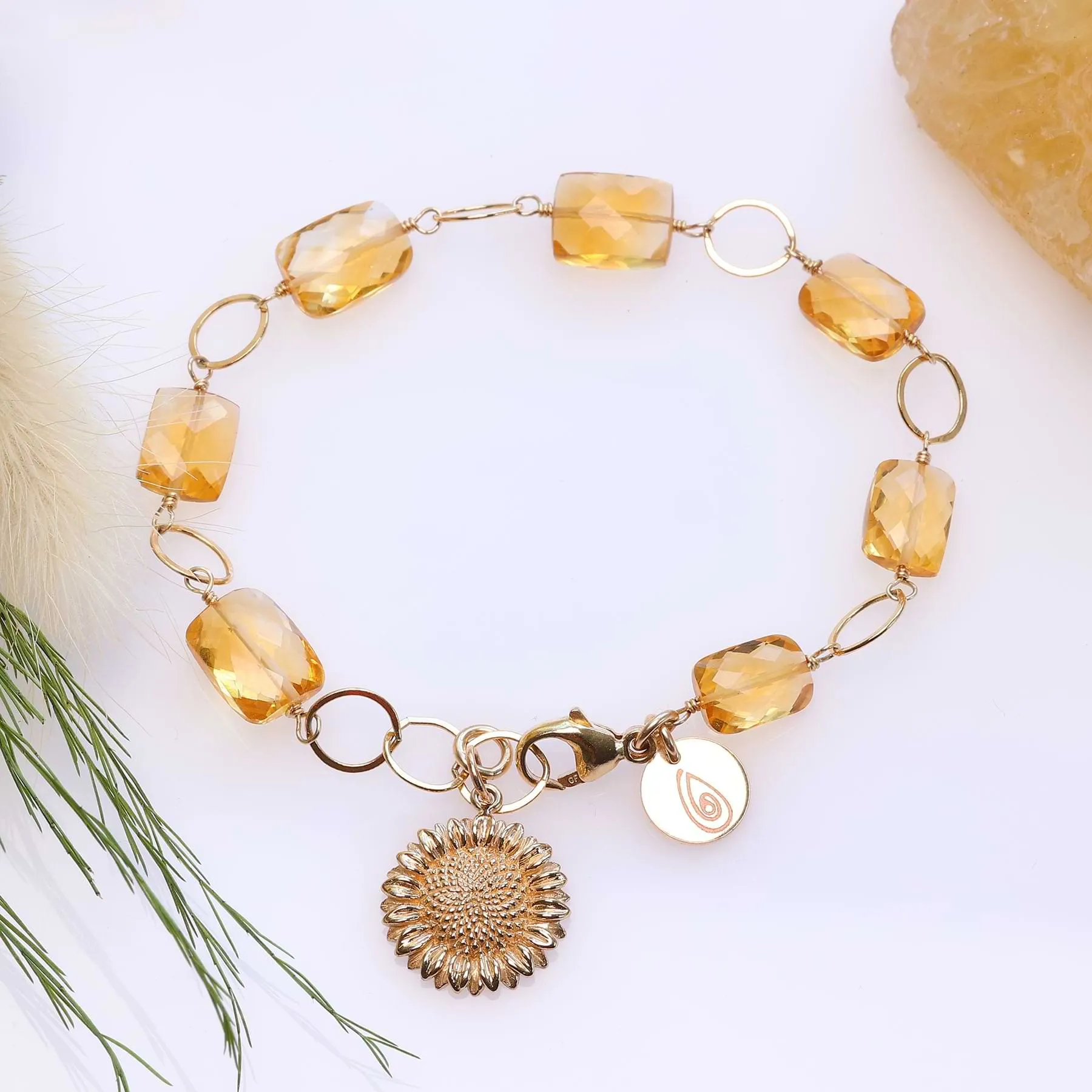 November Sun - Citrine and Sunflower Pendant Gold Bracelet