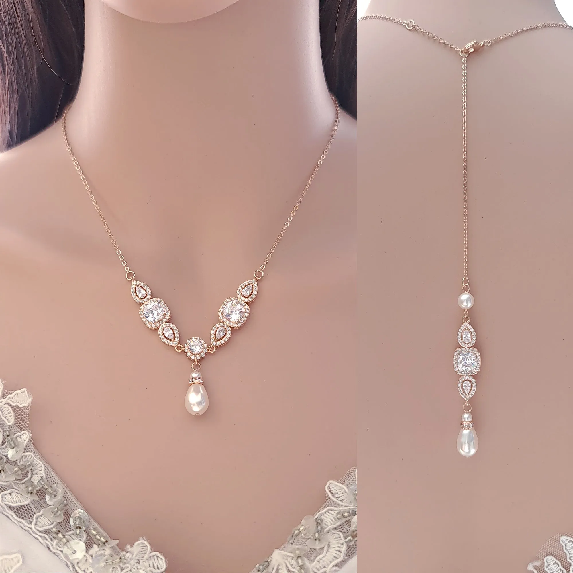 Pearl Drop Back Necklace-Gianna