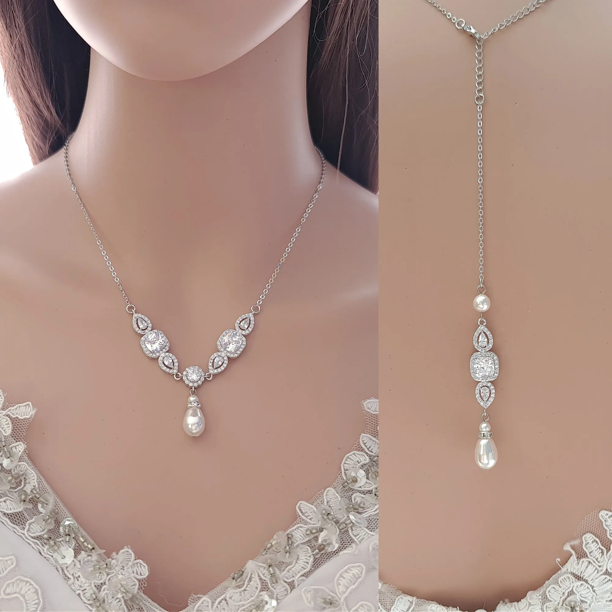 Pearl Drop Back Necklace-Gianna