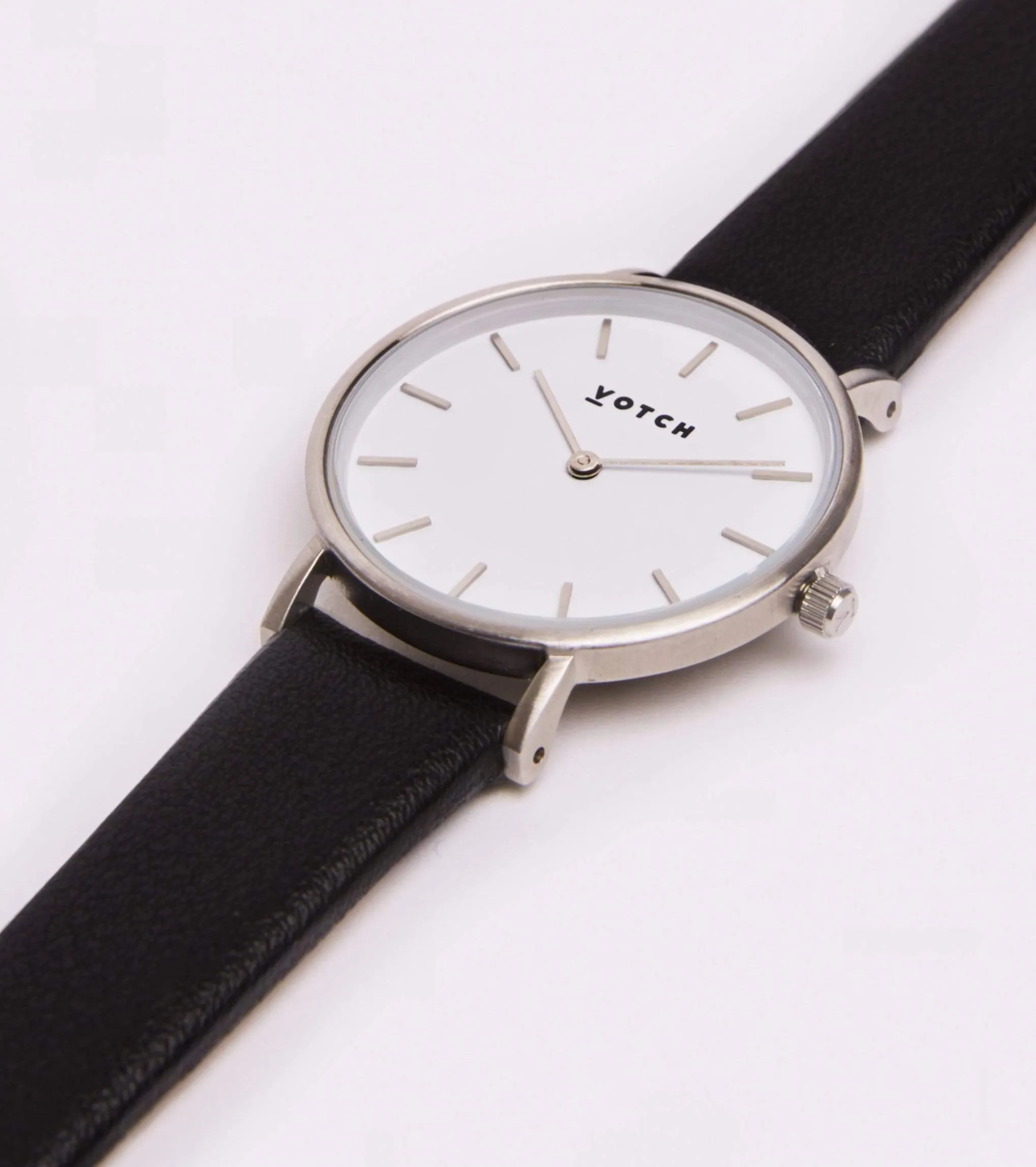 Petite Watch with Silver & White Dial | Black Vegan Leather Strap