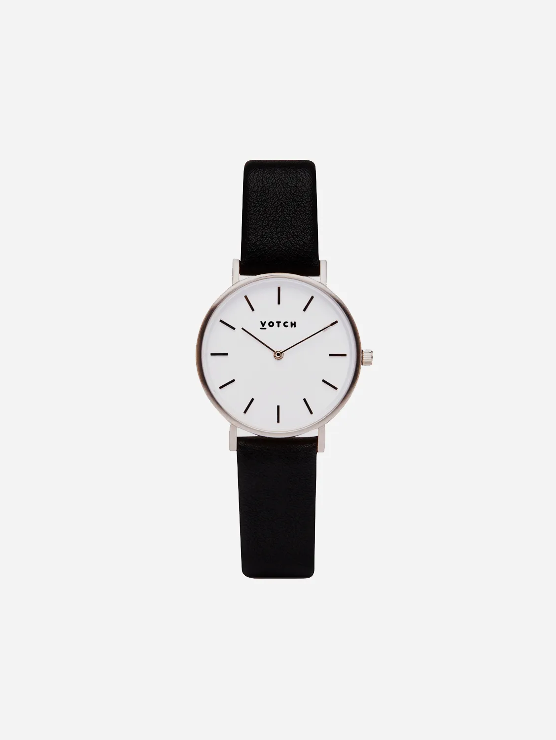 Petite Watch with Silver & White Dial | Black Vegan Leather Strap