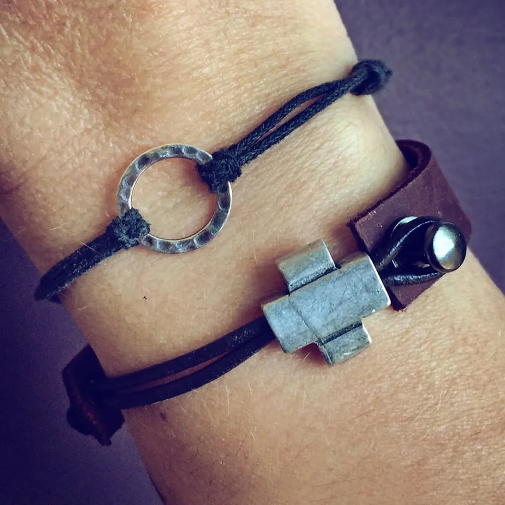 plus // simple modern single strap leather bracelet with pewter plus sign slider