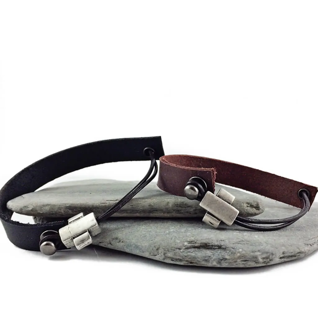 plus // simple modern single strap leather bracelet with pewter plus sign slider