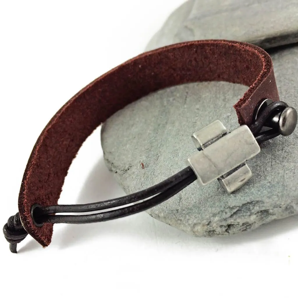 plus // simple modern single strap leather bracelet with pewter plus sign slider