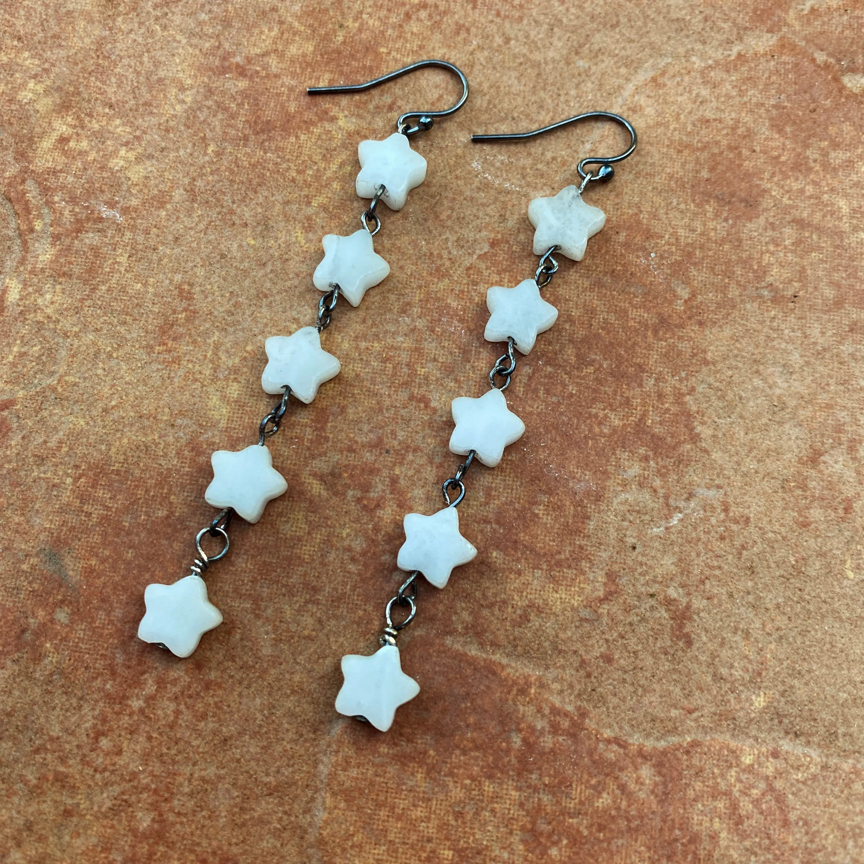 Quartz stars and oxidized Sterling silver long drop earrings