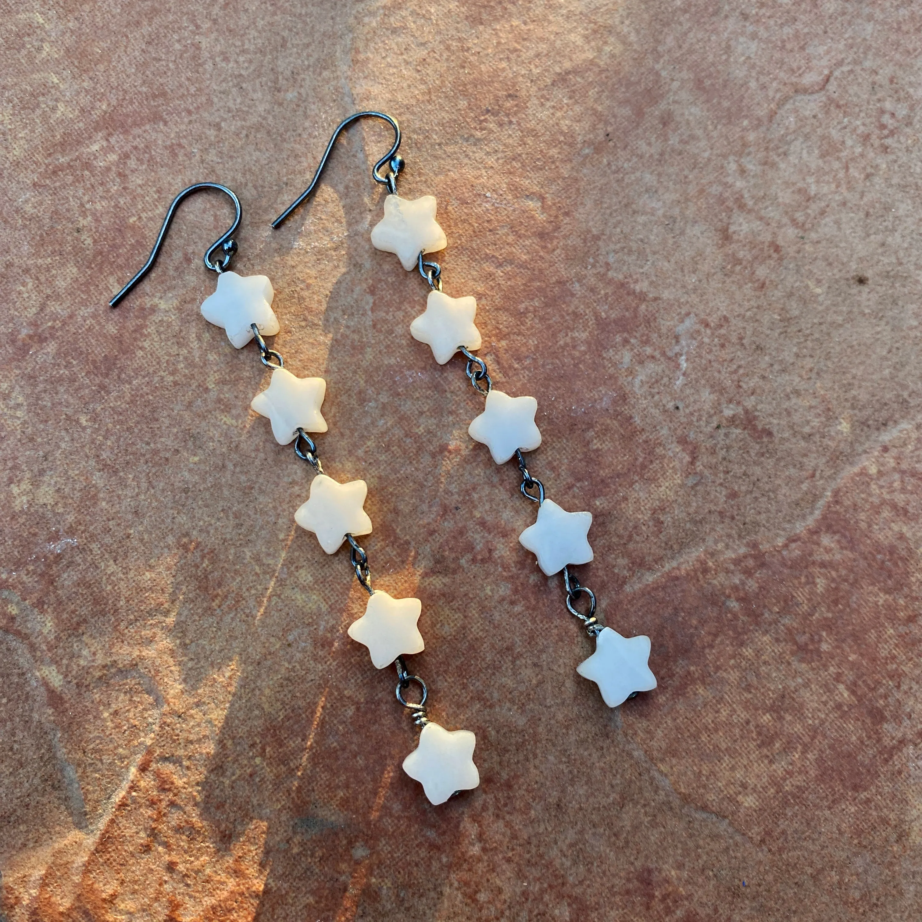 Quartz stars and oxidized Sterling silver long drop earrings