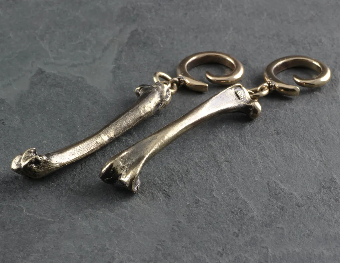 Raven Femur Bone Gauged Spiral Earrings - Bronze