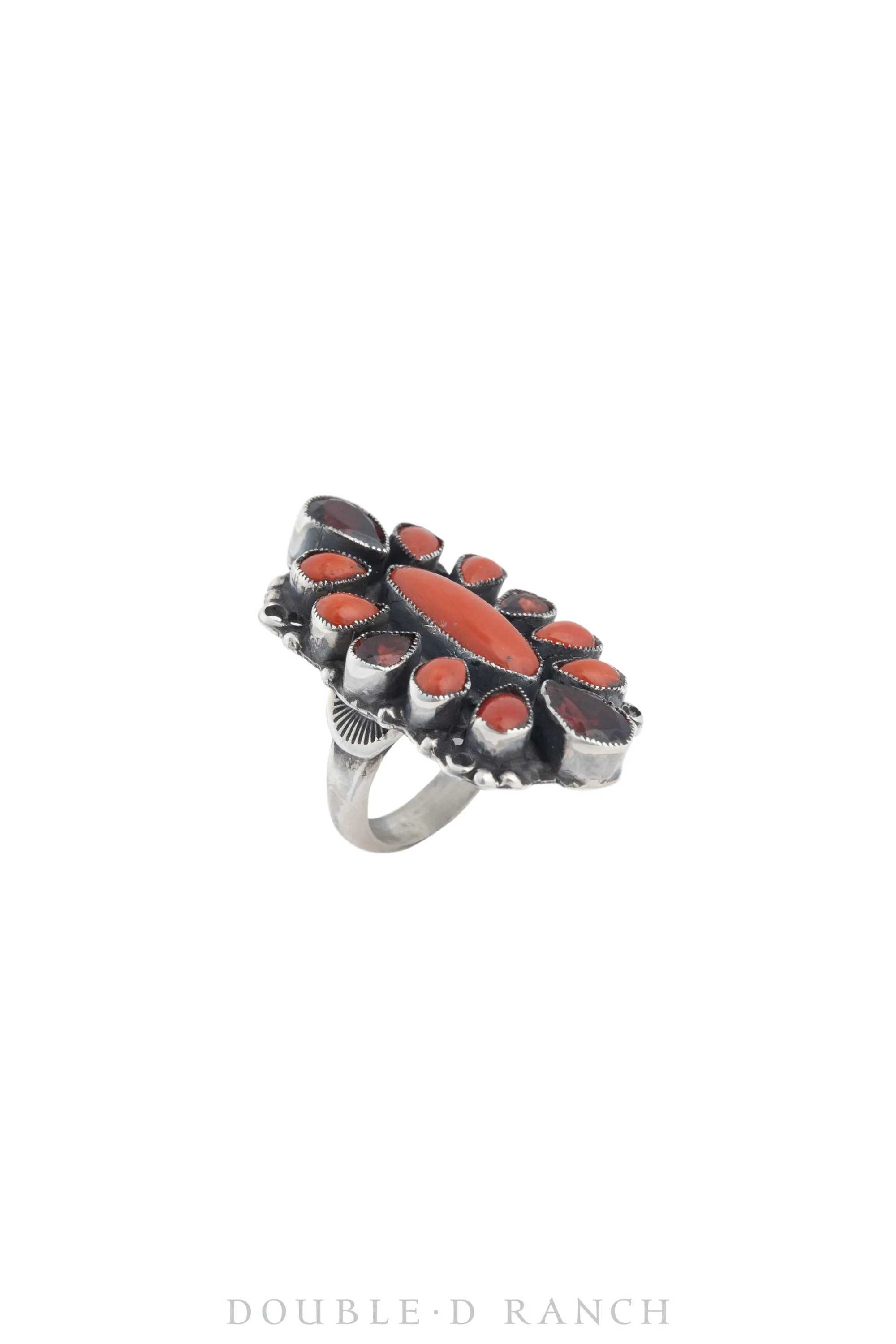 Ring, Cluster, Coral & Ruby Gemstones, Leo Feeney Hallmark, Contemporary, 1348