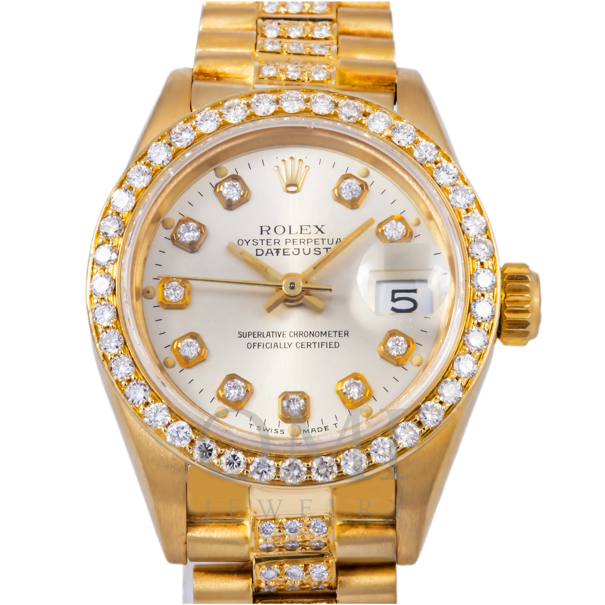 Luxury Rolex Lady-Datejust 26mm Diamond Watch - Silver Diamond Dial with Yellow Gold Semi-Diamond Jubilee Bracelet (Model 69178)