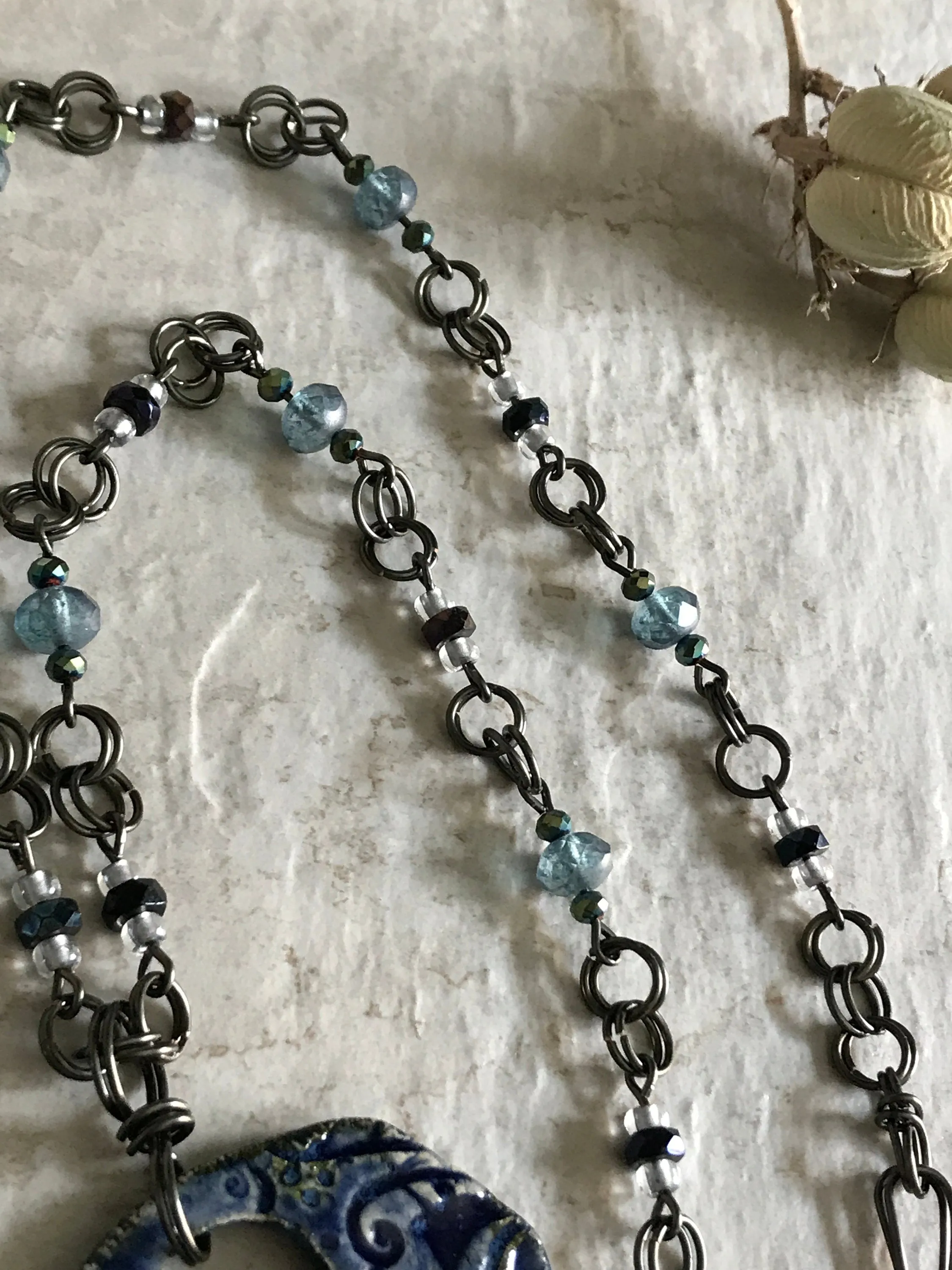 Sapphire Blue Statement Necklace with Iridescent Czech Beads and Pearls & Hematite Accents