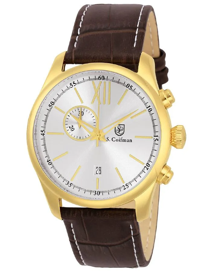 S.Coifman Mens Chronograph - Gold-Tone - White Dial - Brown Leather Strap