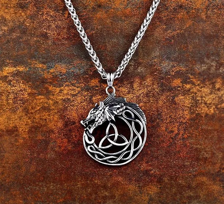 Silver Dragon Head Pendant Around Triquetra Symbol