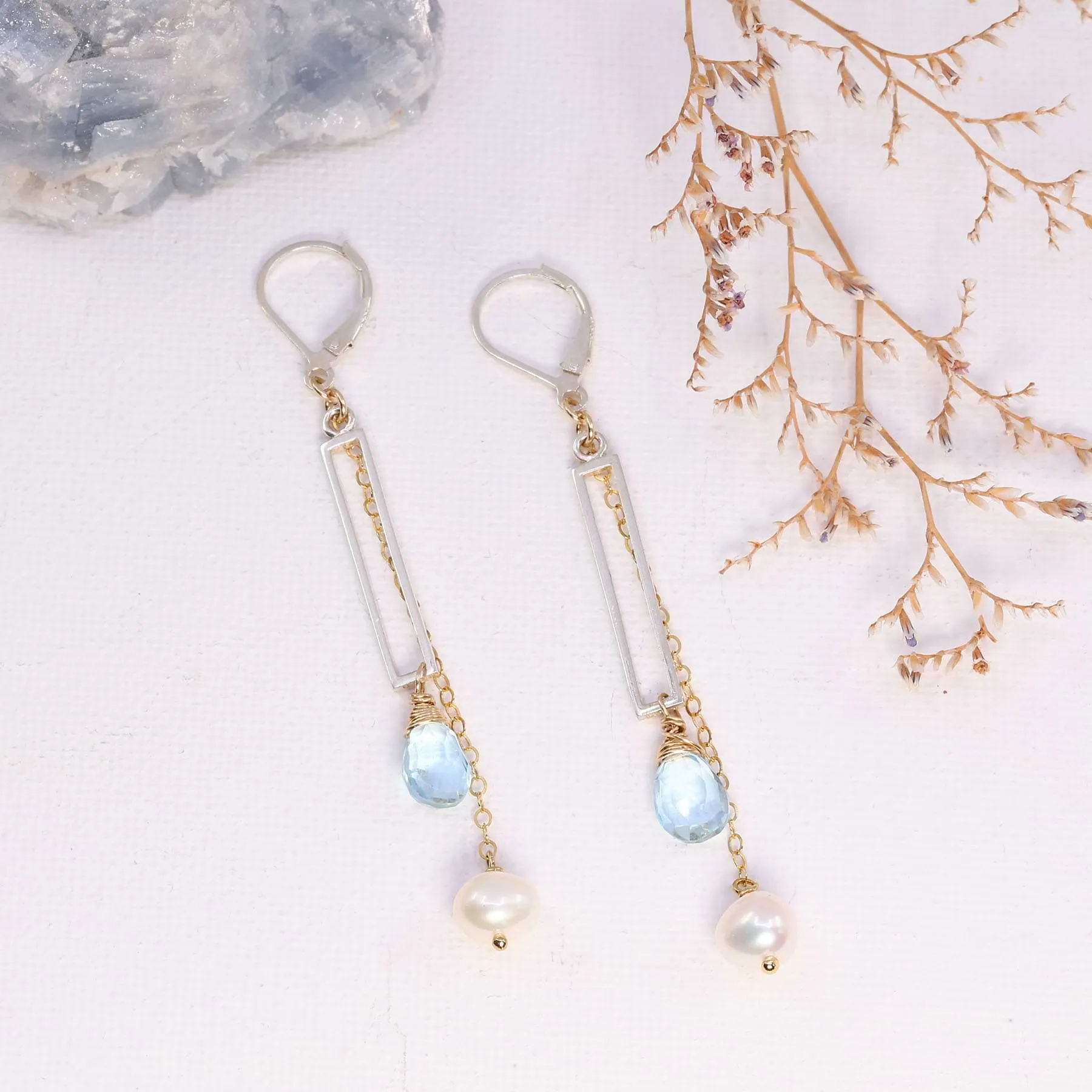 Sky and the Sea - Blue Topaz and Pearl Silver Drop Earrings