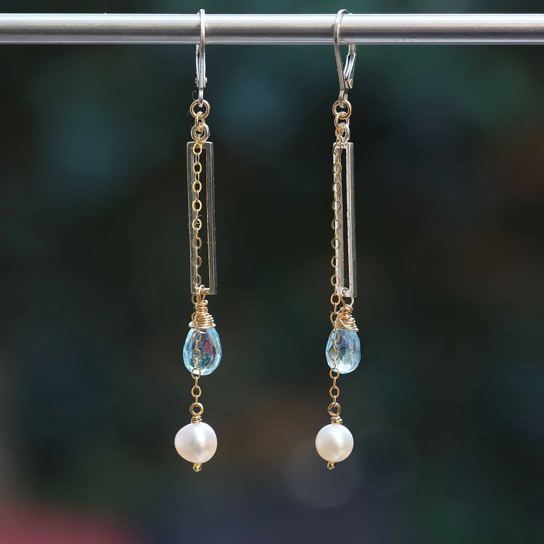 Sky and the Sea - Blue Topaz and Pearl Silver Drop Earrings