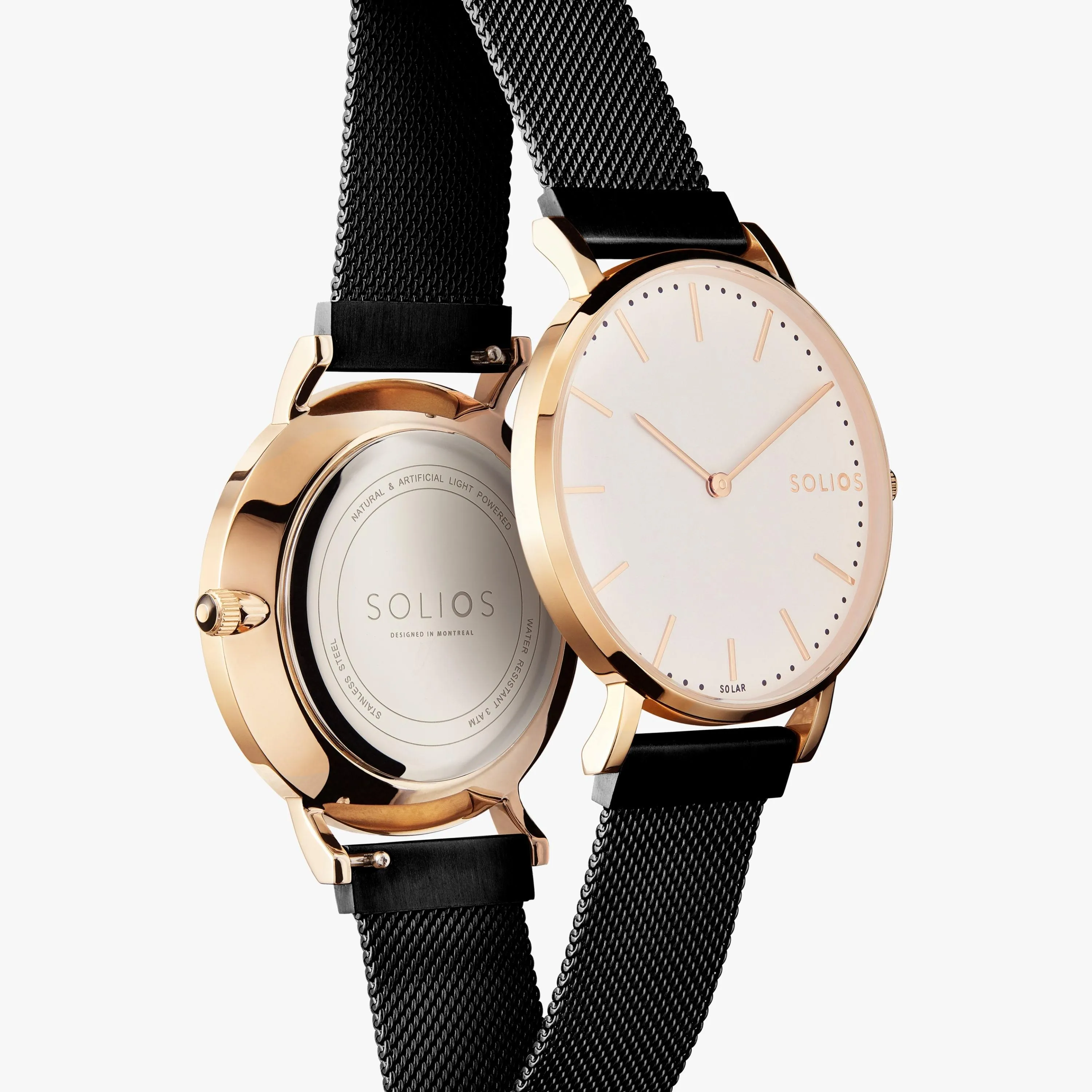 Solar Watch with White & Rose Gold Dial  | Black Mesh Strap