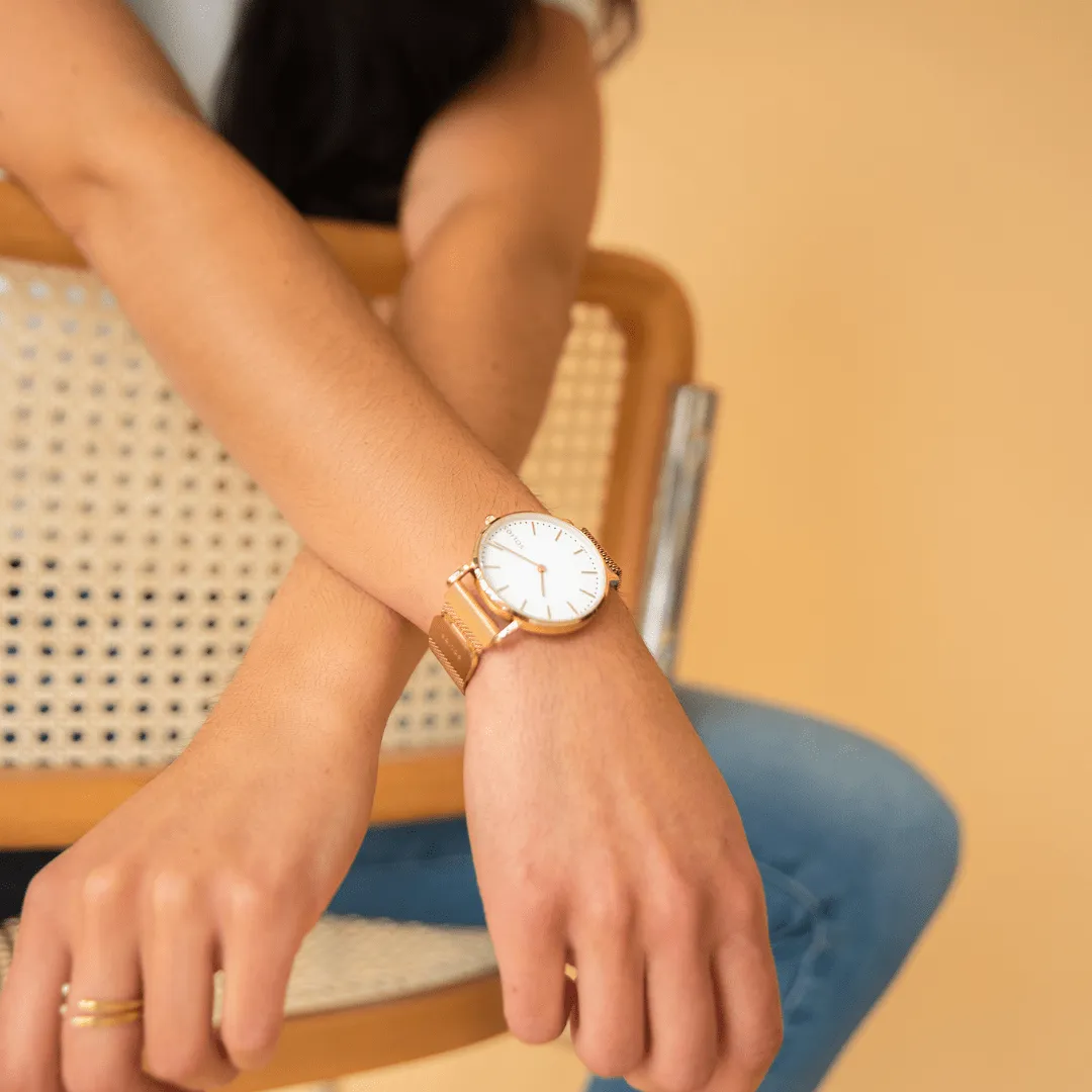 Solar Watch with White & Rose Gold Dial  | Black Mesh Strap