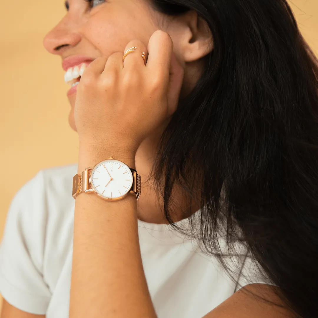 Solar Watch with White & Rose Gold Dial  | Black Mesh Strap