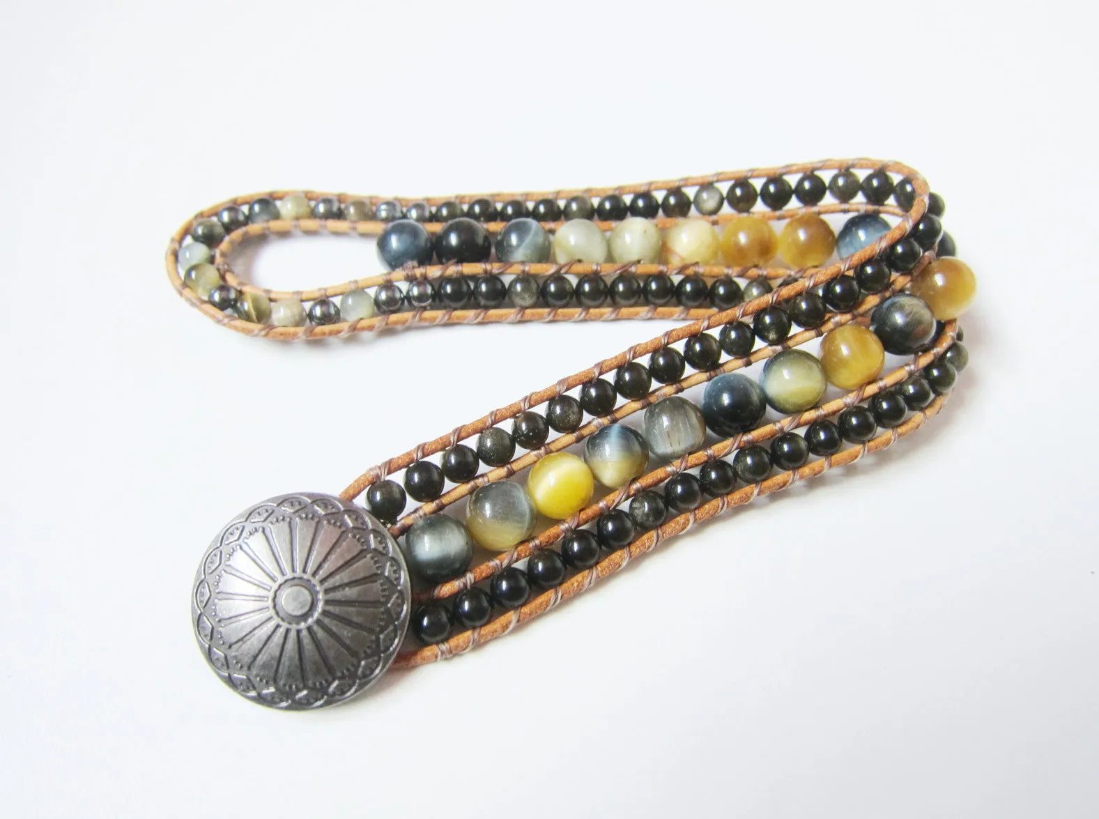 Southwestern Honey Mustard Tiger Eye, Silver Sheen Obsidian Beaded Bracelet