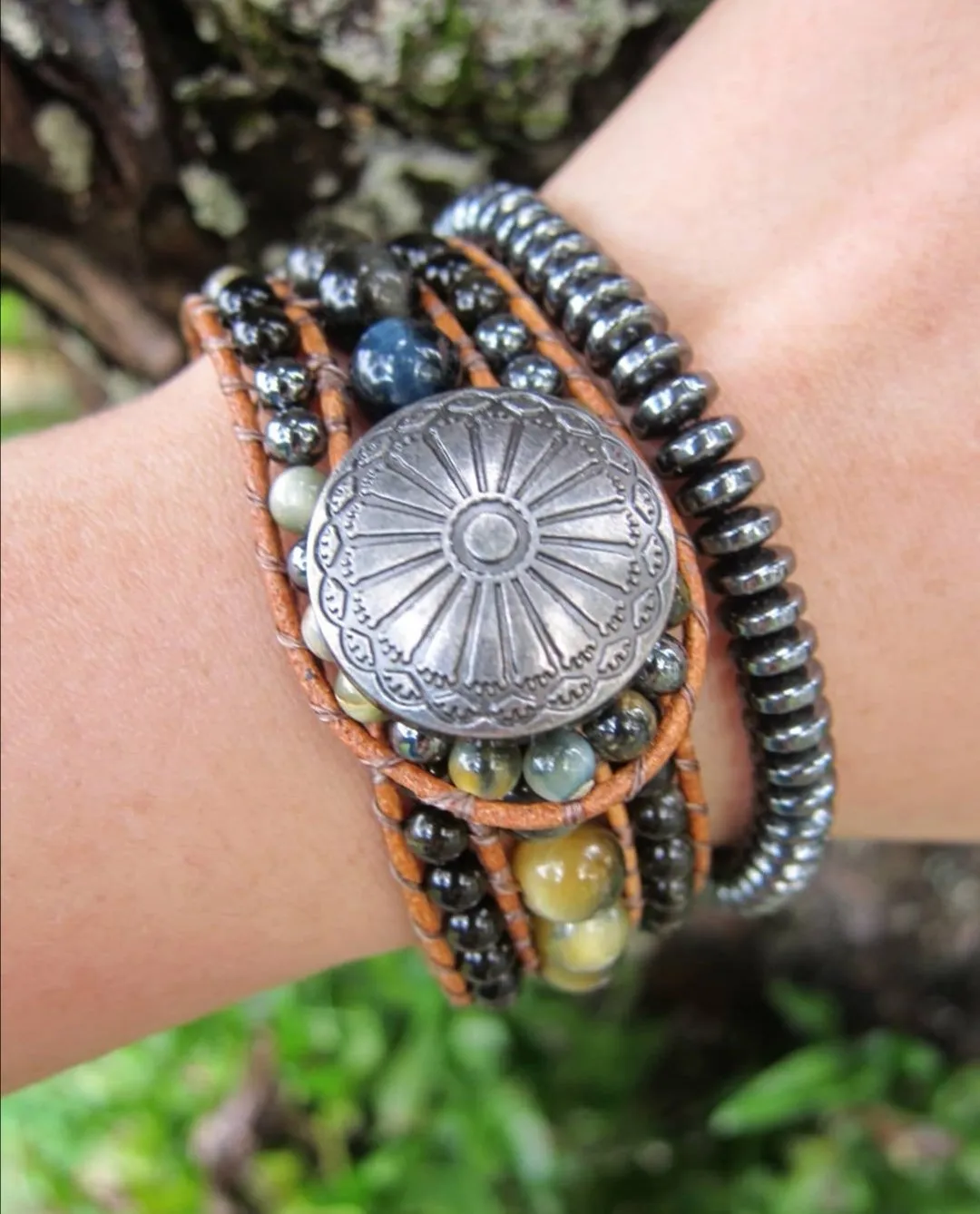 Southwestern Honey Mustard Tiger Eye, Silver Sheen Obsidian Beaded Bracelet