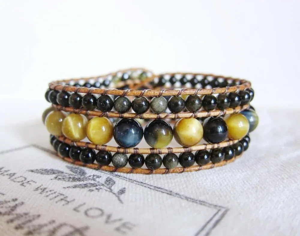 Southwestern Honey Mustard Tiger Eye, Silver Sheen Obsidian Beaded Bracelet