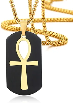 Stainless Steel Cut Out Ankh Cross Dog Tag Pendant Necklace