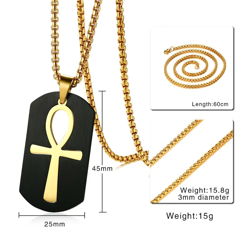 Stainless Steel Cut Out Ankh Cross Dog Tag Pendant Necklace