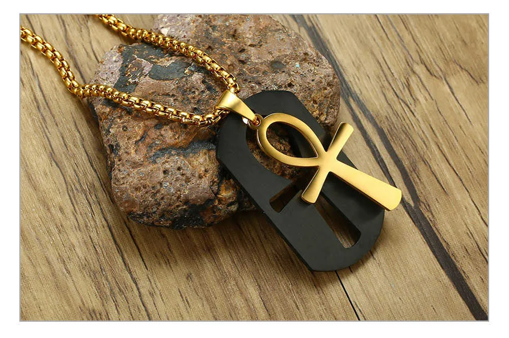 Stainless Steel Cut Out Ankh Cross Dog Tag Pendant Necklace