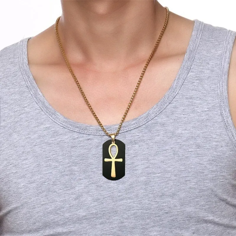 Stainless Steel Cut Out Ankh Cross Dog Tag Pendant Necklace