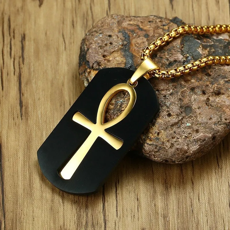 Stainless Steel Cut Out Ankh Cross Dog Tag Pendant Necklace