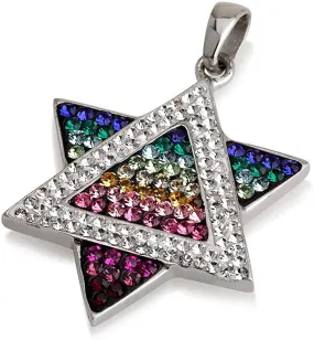 Star of David Pendant Multi Colors Gemstones   Sterling Silver Necklace