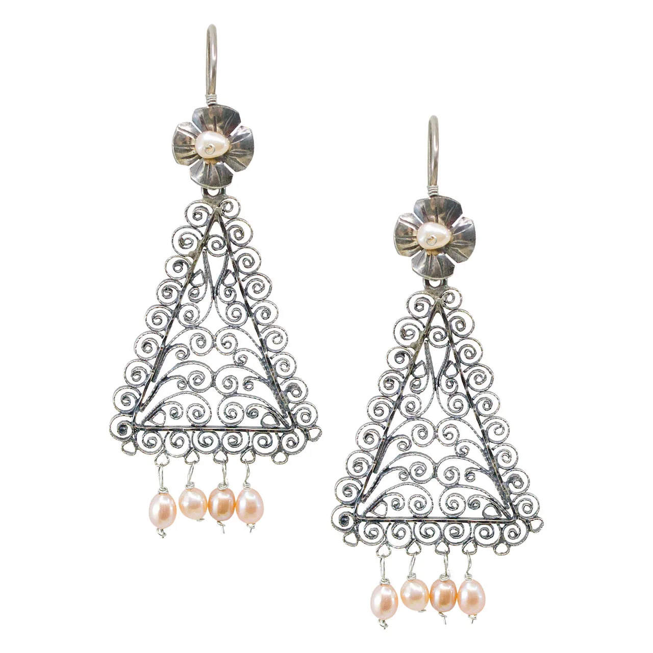 Sterling Silver Filigree Drop Earrings with Pink Pearls