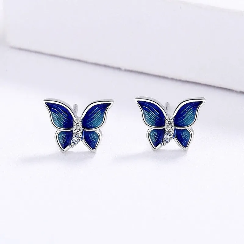 Sterling Silver Micro-Enamel Blue Butterfly Wings Necklace Jewelry Set