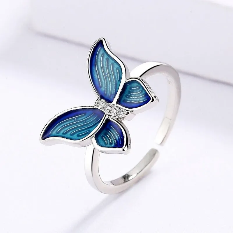 Sterling Silver Micro-Enamel Blue Butterfly Wings Necklace Jewelry Set