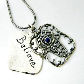 Sterling silver necklace bohemian design Israeli Believe Hamsa Pendants set lapis