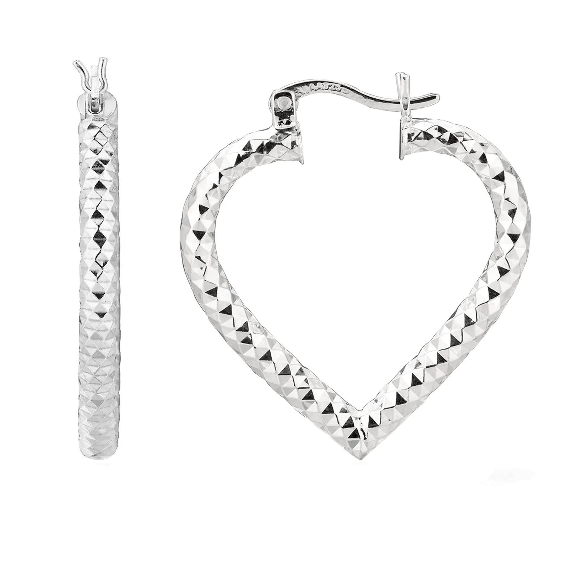 Sterling Silver Rhodium Plated  Heart Shape Hoop Earrings, Diameter 25mm