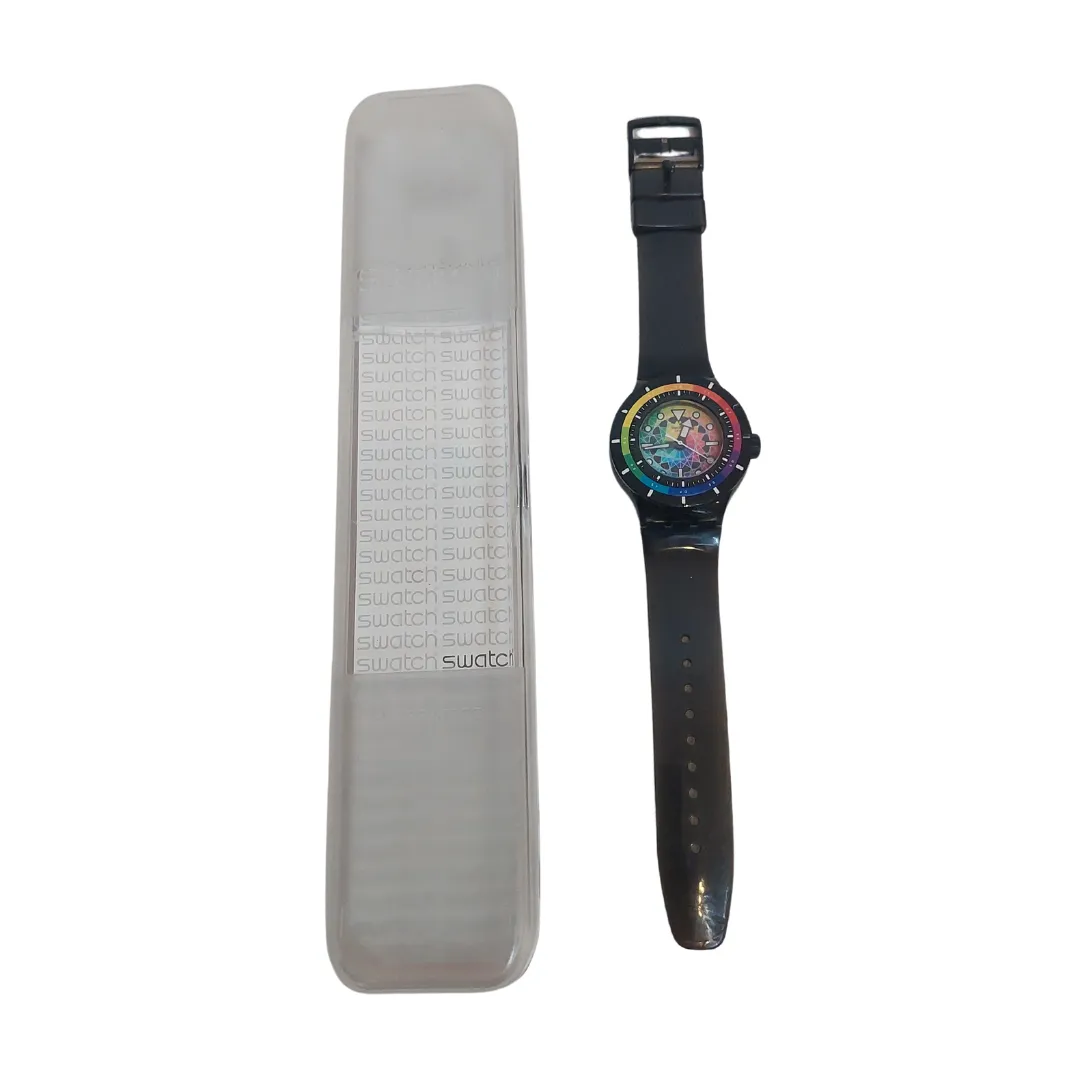 Swatch Black Mult-coloured Round Dial Rubber Strap Watch  | Gently Used |