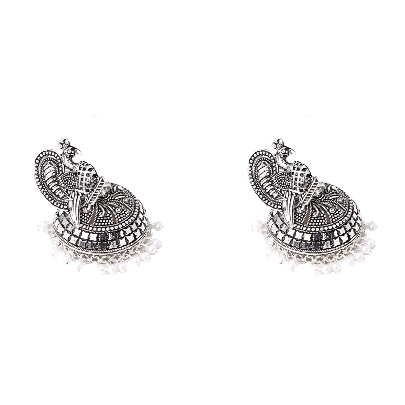 Teejh Mayuri White Silver Oxidized Pearl Jhumki