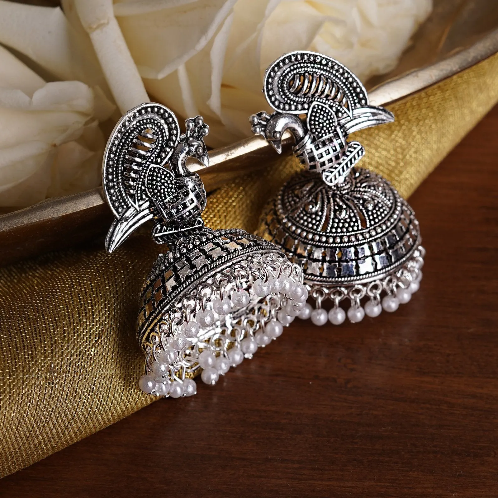 Teejh Mayuri White Silver Oxidized Pearl Jhumki