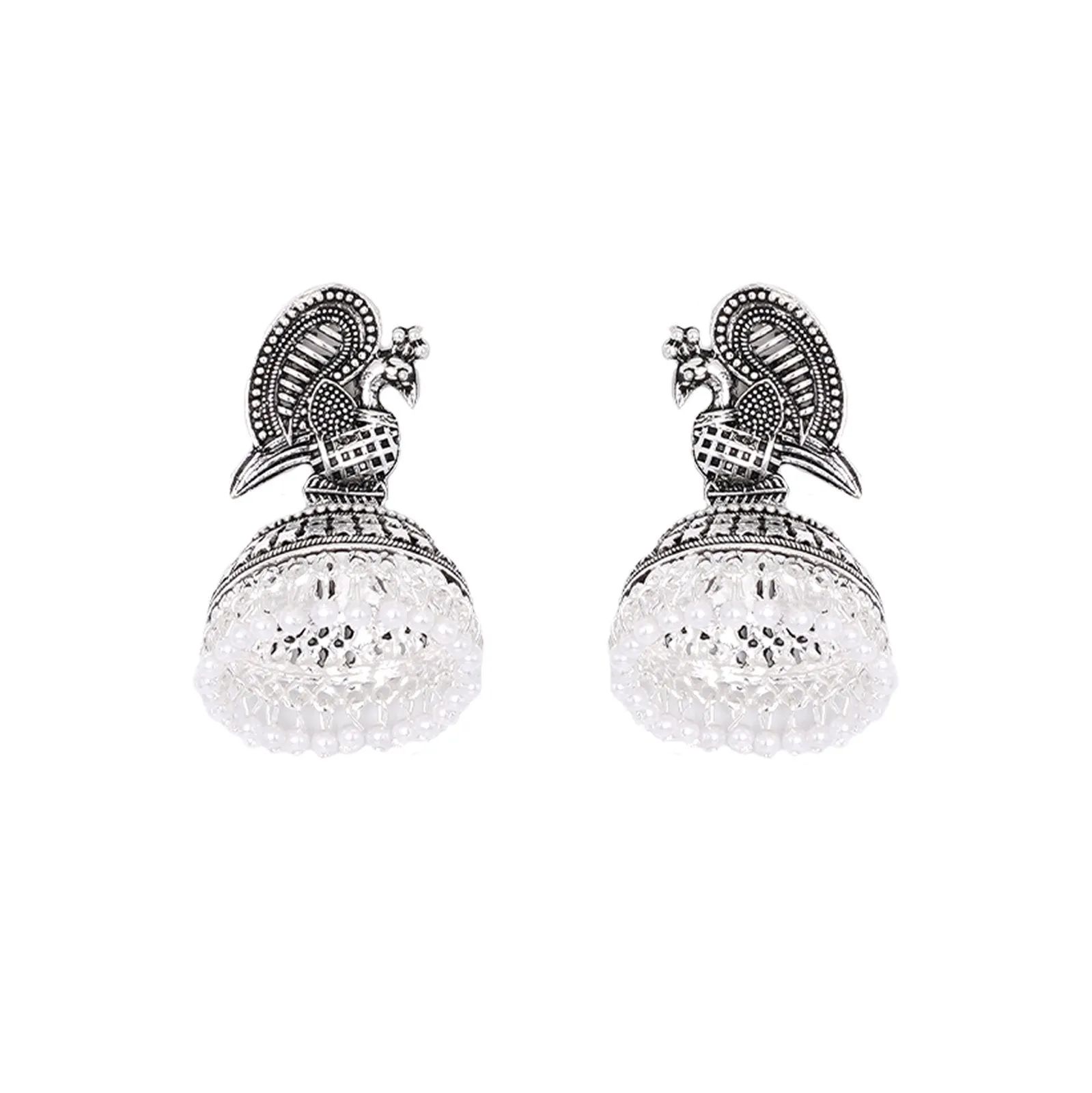 Teejh Mayuri White Silver Oxidized Pearl Jhumki