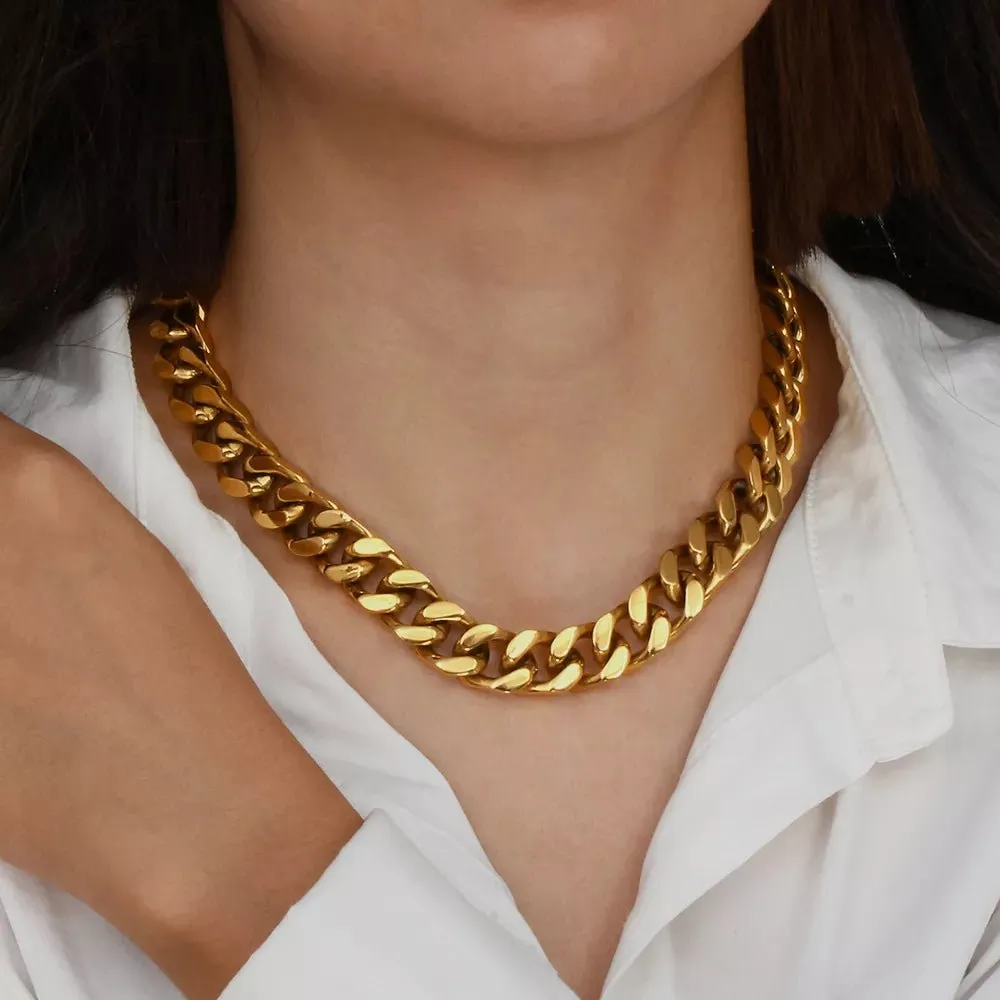 Trendy Stainless Steel 18K Gold-Plated Chunky Cuban Chain Necklaces for Women - Hip-Hop Inspired