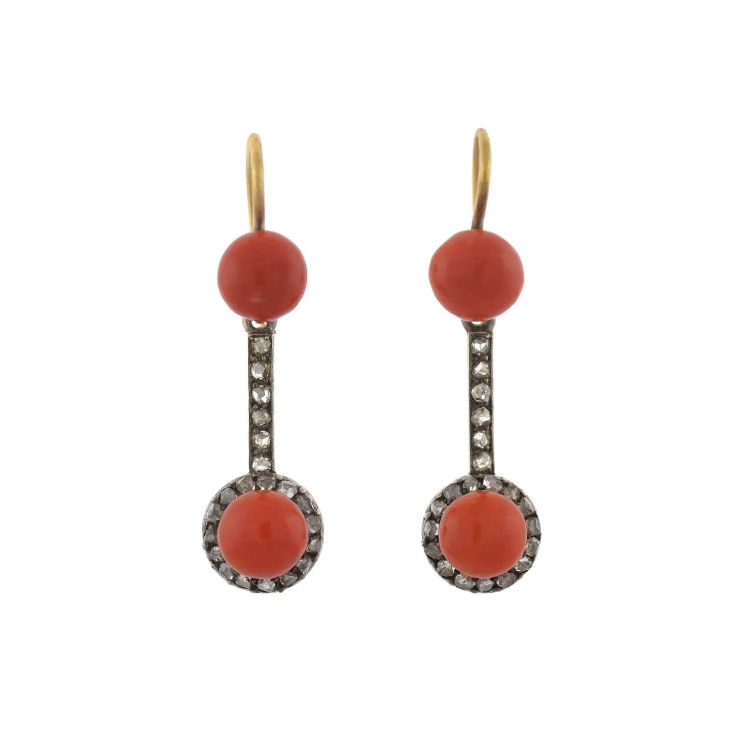 Victorian 15kt/Sterling Natural Coral   Rose Cut Diamond Earrings