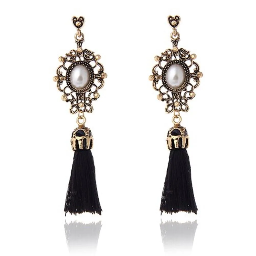 Vintage Alloy Flower Tassel Rhinestone Women Earrings Jewelry