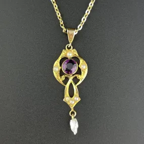 Vintage Art Nouveau Gold Amethyst Pearl Lavaliere Pendant Necklace