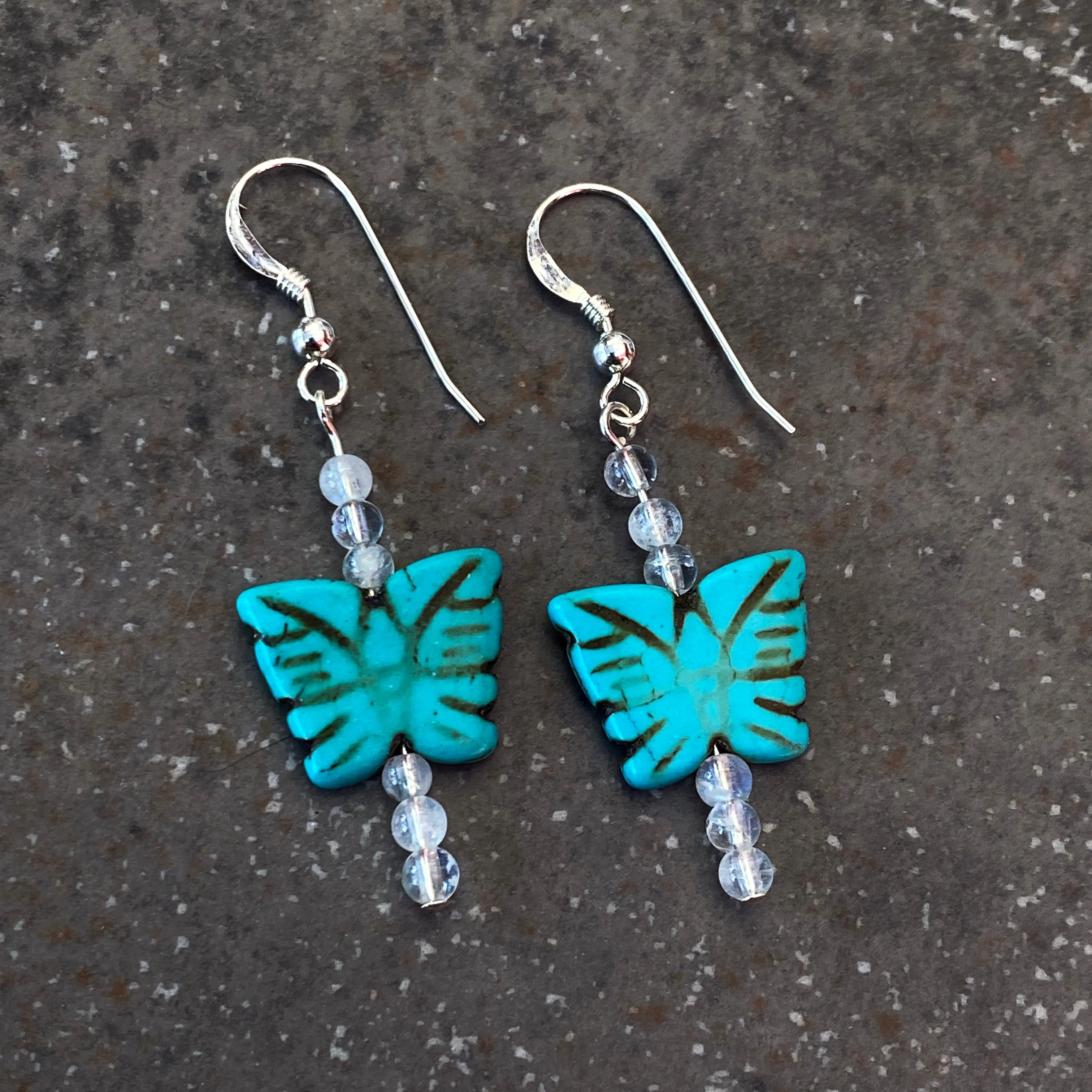 Women's Howlite Butterfly Earrings with Moonstones or Aquamarine Gemstones