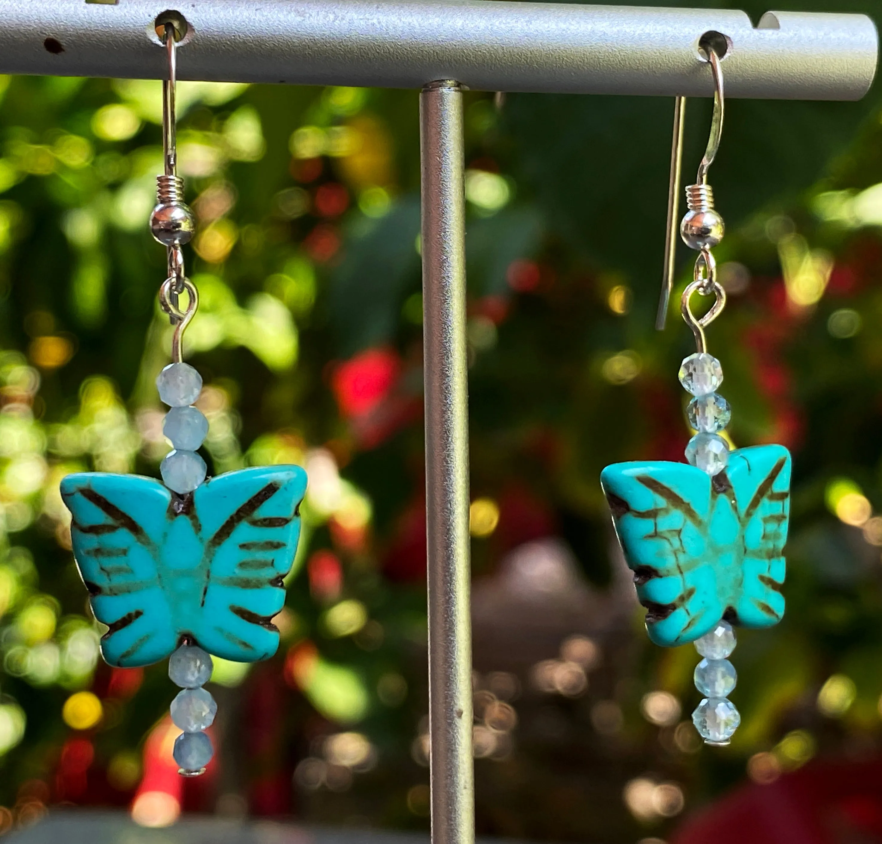 Women's Howlite Butterfly Earrings with Moonstones or Aquamarine Gemstones