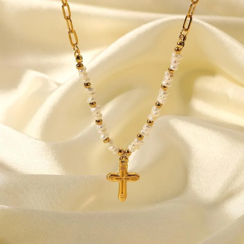 Women's Pearl Cross Pendant Necklace