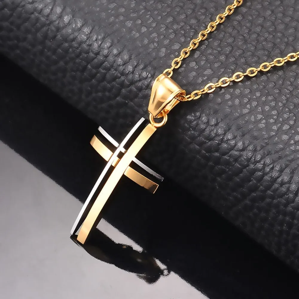 WWJD Simple Black Silver Gold Cross Necklace Stainless Steel Necklace